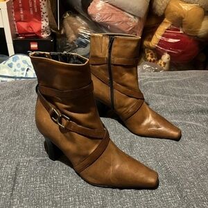 Clarks Brown Leather Mid-Heel Ankle Boots with Strap and Buckle